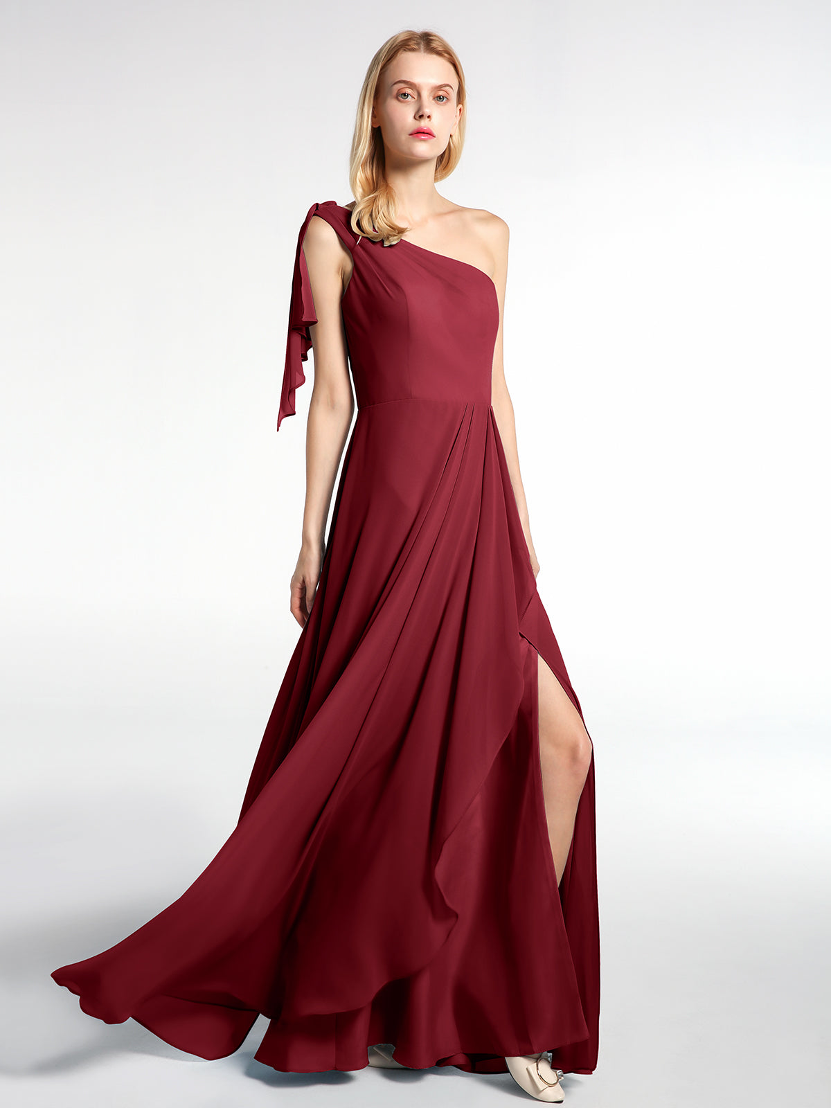 One Shoulder Chiffon Maxi Dress with Cascade Skirt Coral