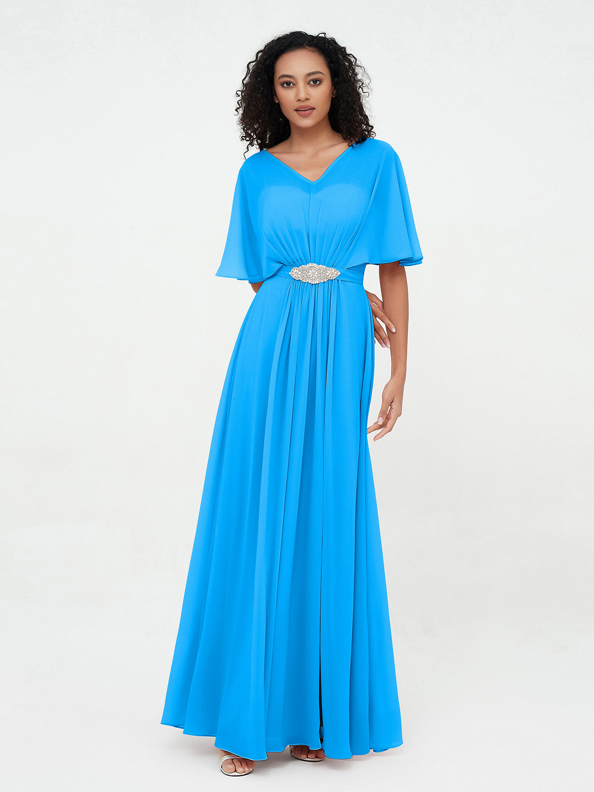 Warp Bodic Chiffon Long Dresses with Sash Bow Ocean Blue Plus Size