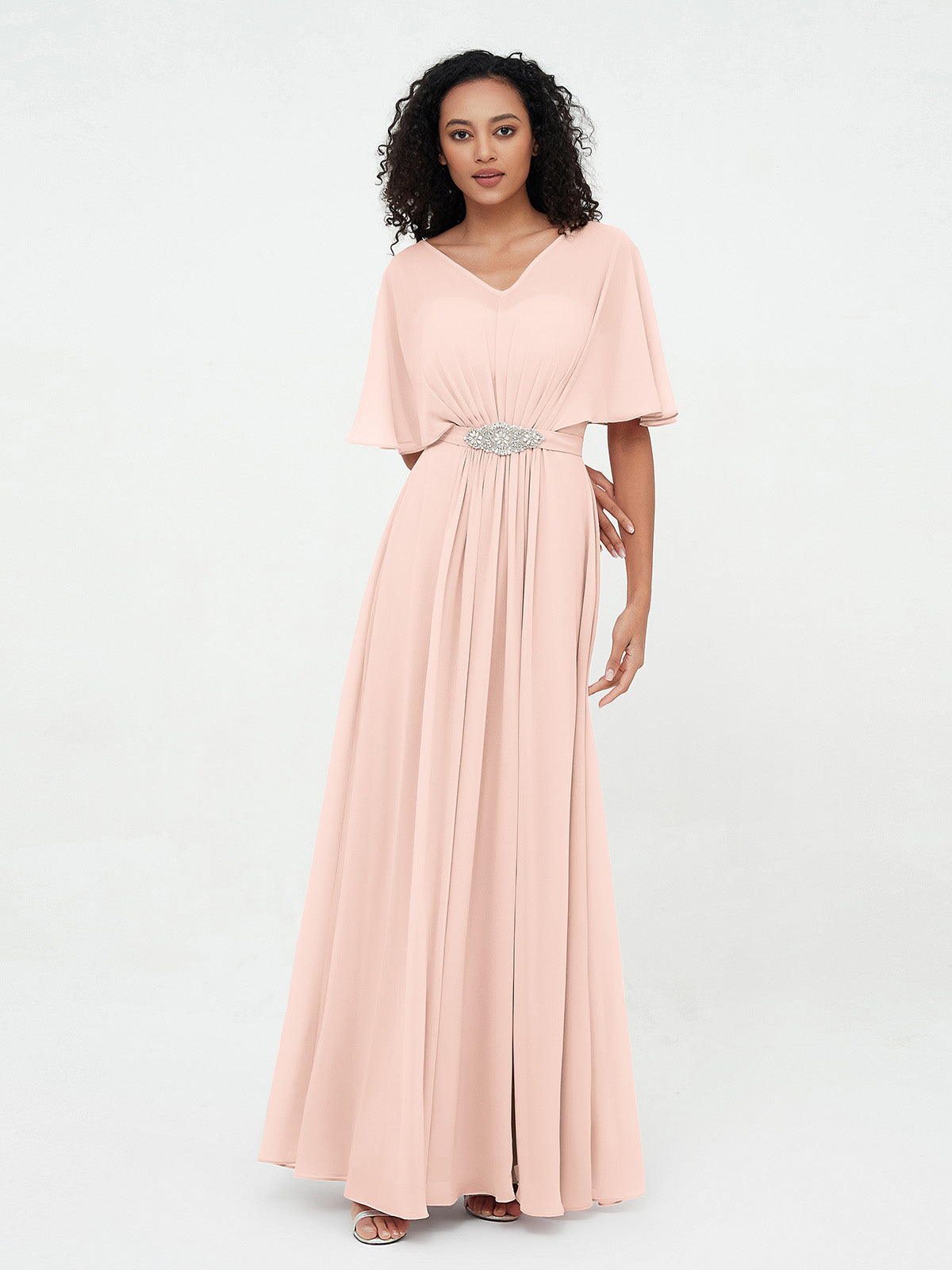 Long pink chiffon clearance dress