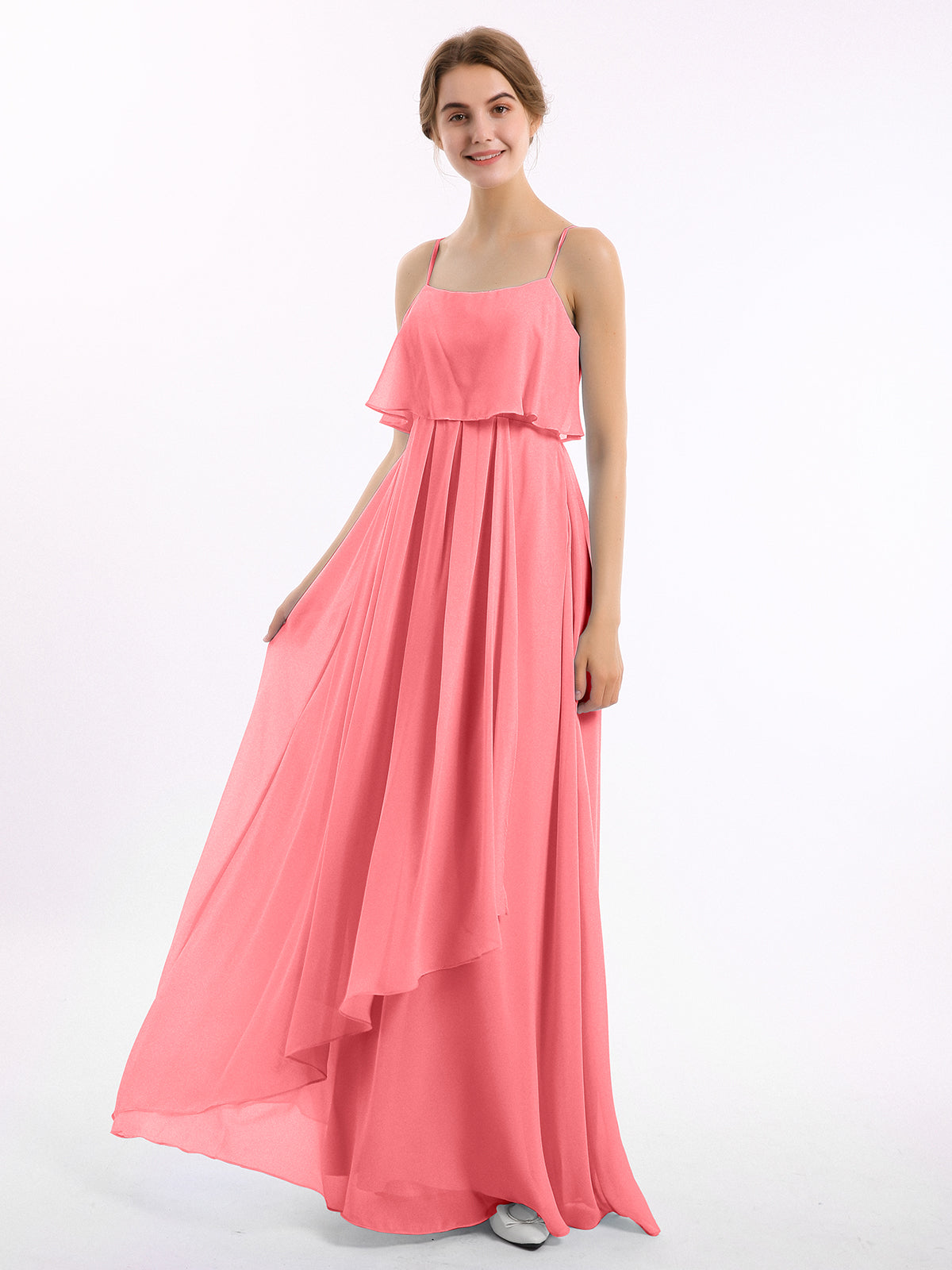 Halter Straps Full Length Chiffon Dresses with Pockets Watermelon main image 1