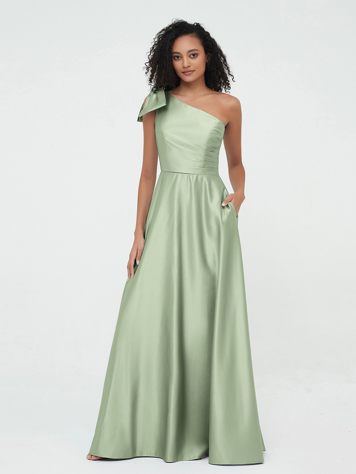 One Shoulder A line Long Satin Dresses Dusty Sage BABARONI