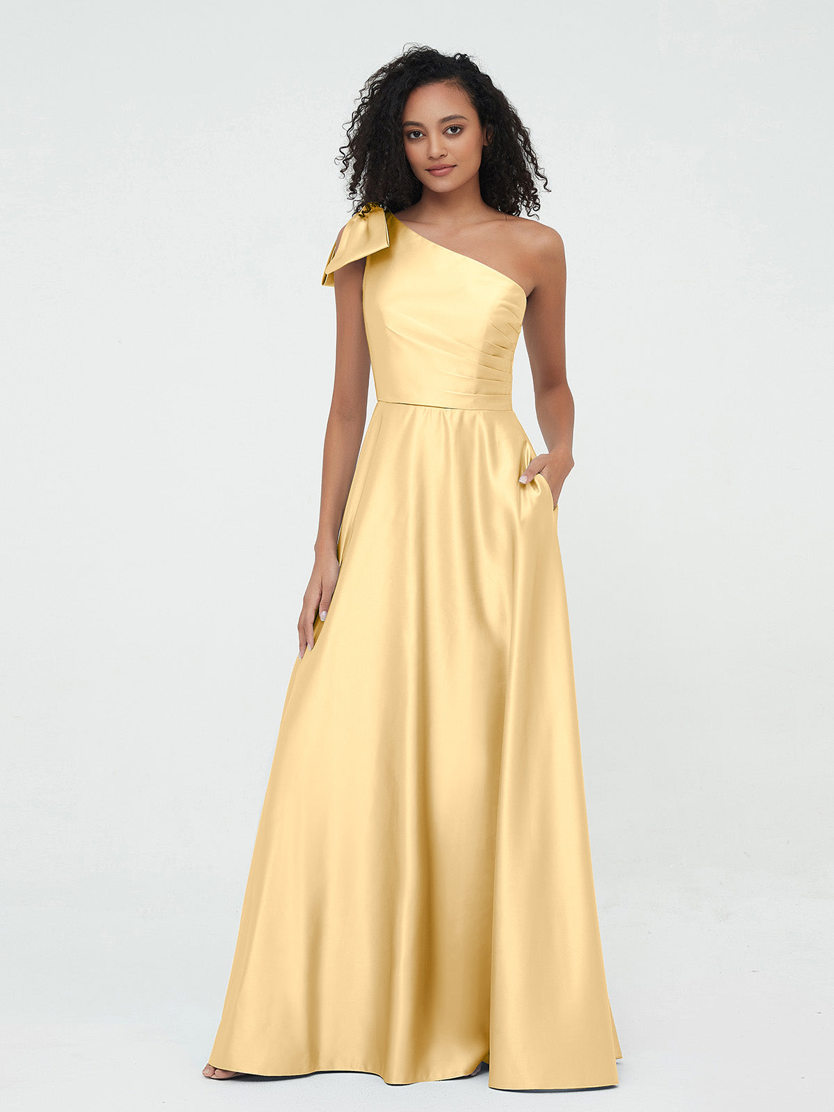 One Shoulder A-line Long Satin Dresses Silver