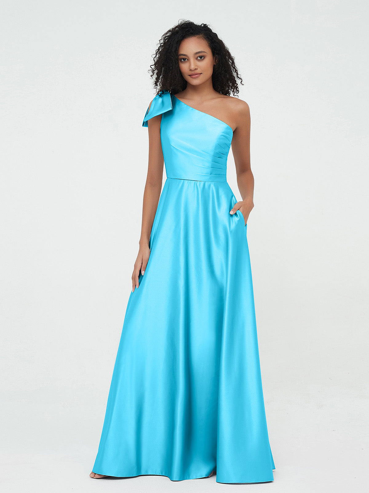 One Shoulder Satin A-line Long Dress With Ribbons Tangerine