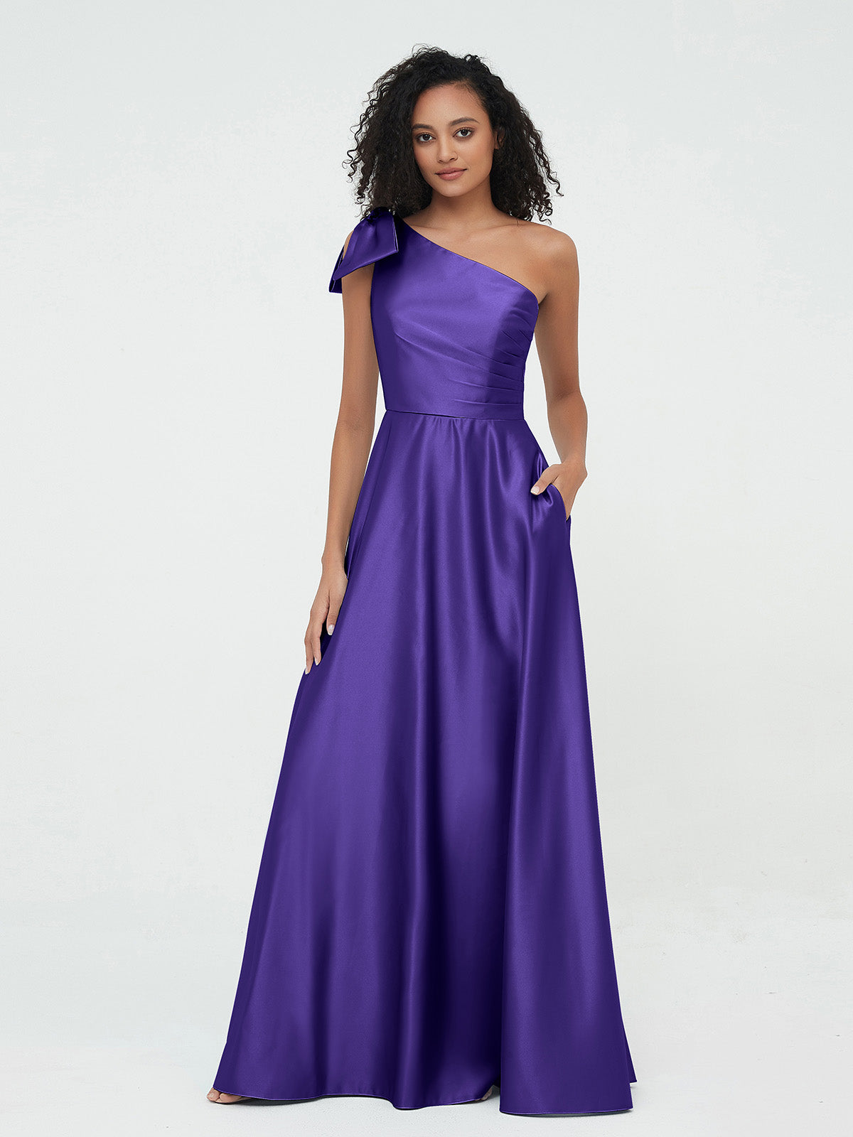 One Shoulder Satin A-line Long Dress With Ribbons Dusk
