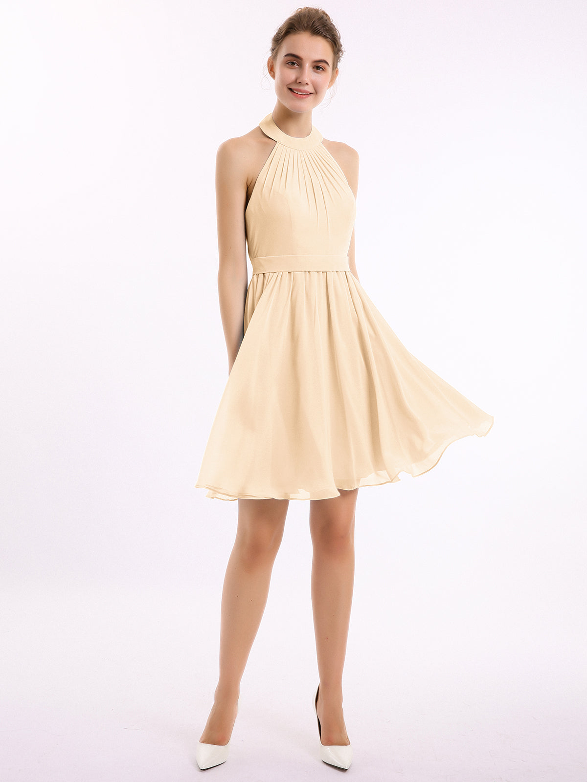 BABARONI Chiffon Peach Bridesmaid Dresses A-line Halter Sleeveless Short/Mini BABARONI UK BABARONI Chiffon Peach Bridesmaid Dresses A-line Halter Sleeveless Short/Mini BABARONI UK
