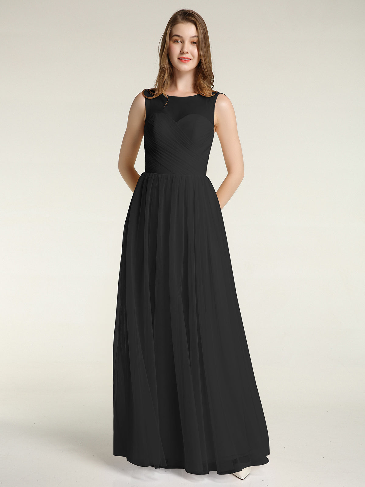 Long Tulle Bridesmaid Dress with Illusion Neck Black | BABARONI  BABARONI  UK