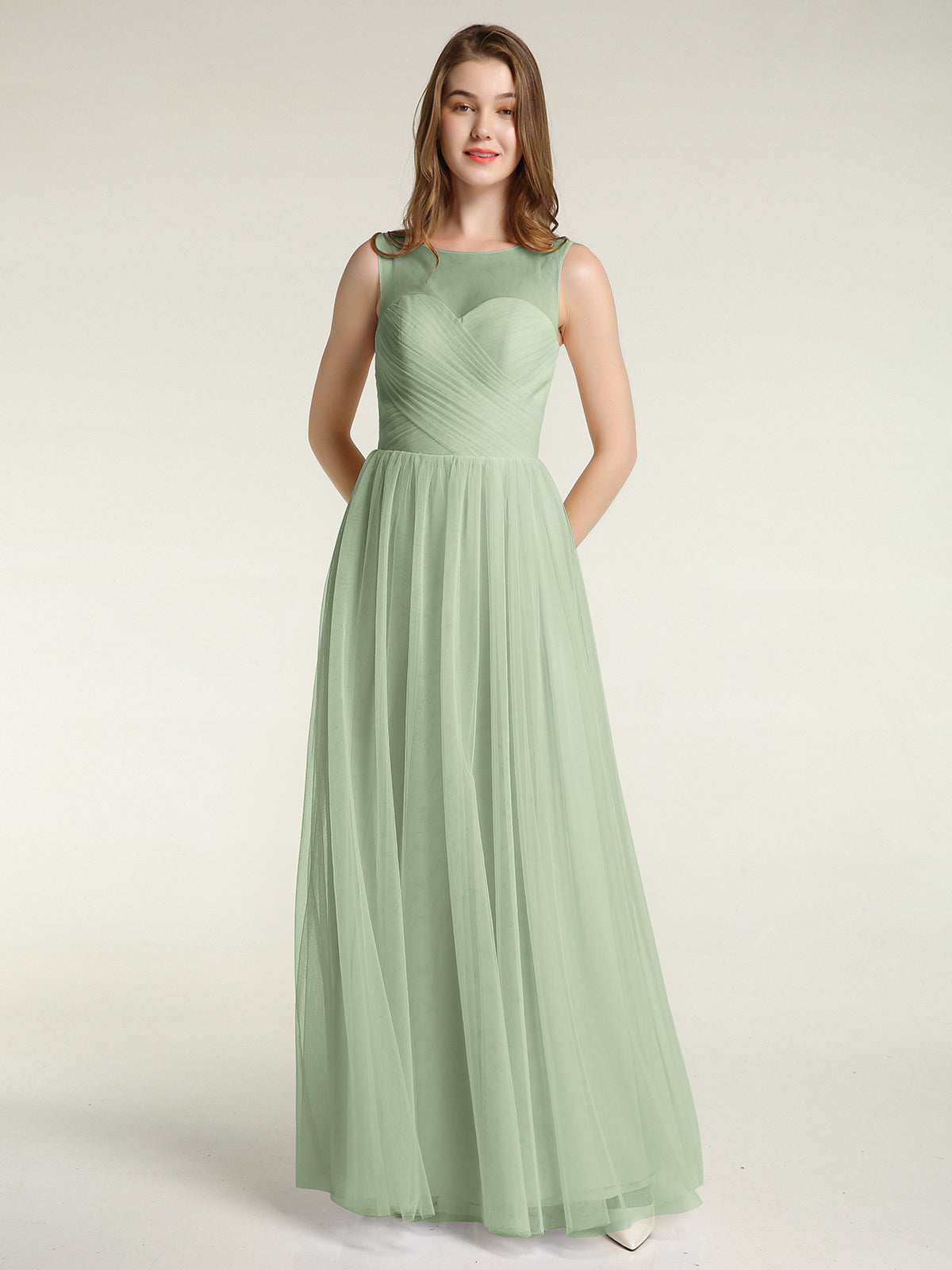 BABARONI Tulle Dusty Sage Bridesmaid Dresses A-line Illusion Sleeveless  Floor-length  BABARONI UK
