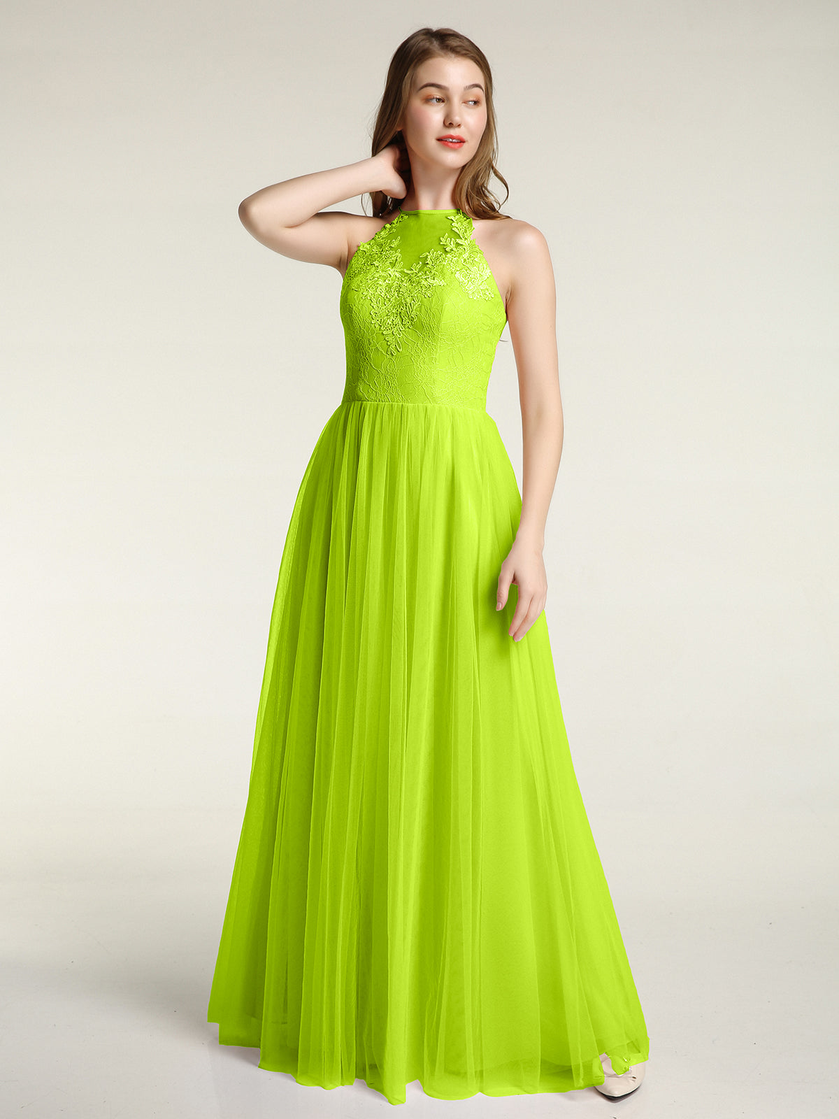 BABARONI Tulle Lime Green Bridesmaid Dresses A-line Halter Sleeveless  Floor-length  BABARONI UK
