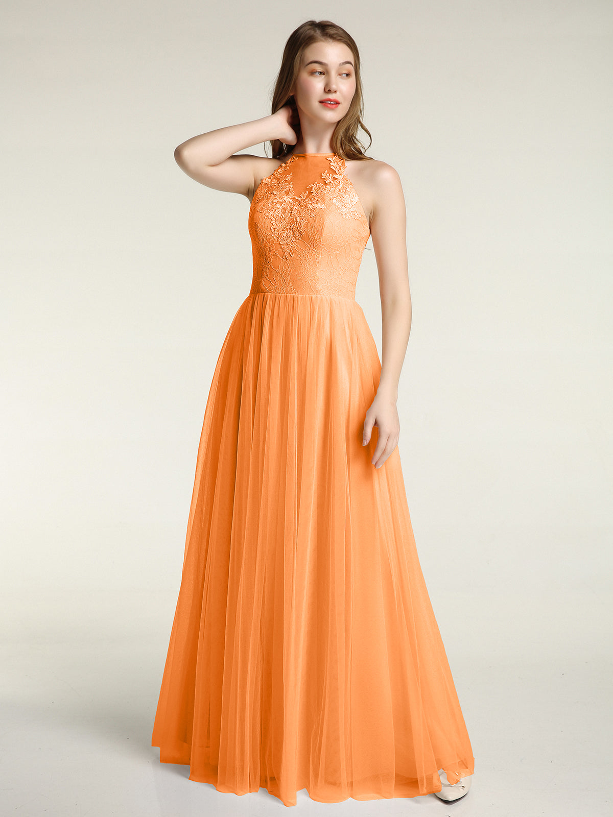 strapless open back dress BABARONI Tulle Orange Bridesmaid Dresses A-line Halter Sleeveless  Floor-length – BABARONI UK