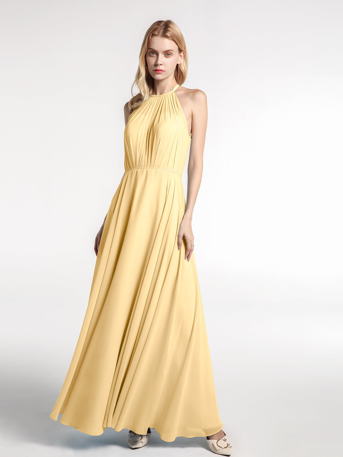 Halter Chiffon Maxi Dress with Circle Skirt Gold