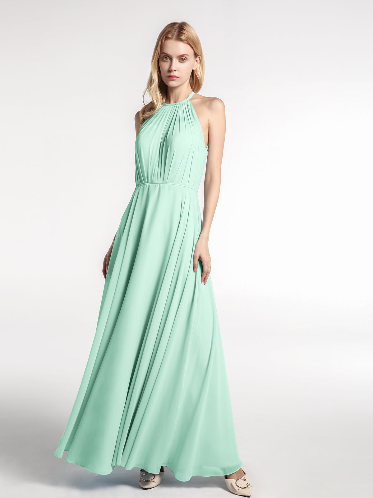 BABARONI Chiffon Mint Green Bridesmaid Dresses A-line Halter Sleeveless  Floor-length – BABARONI UK
