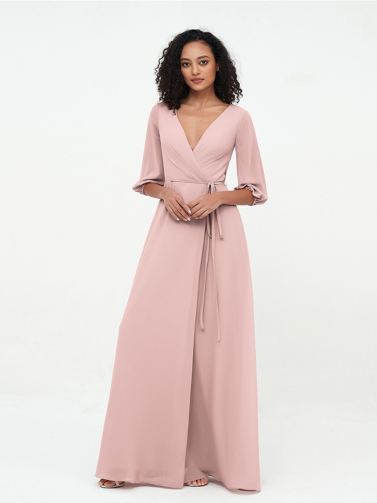 V neck Chiffon Dresses with Half Sleeves Dusty Rose BABARONI BABARONI UK