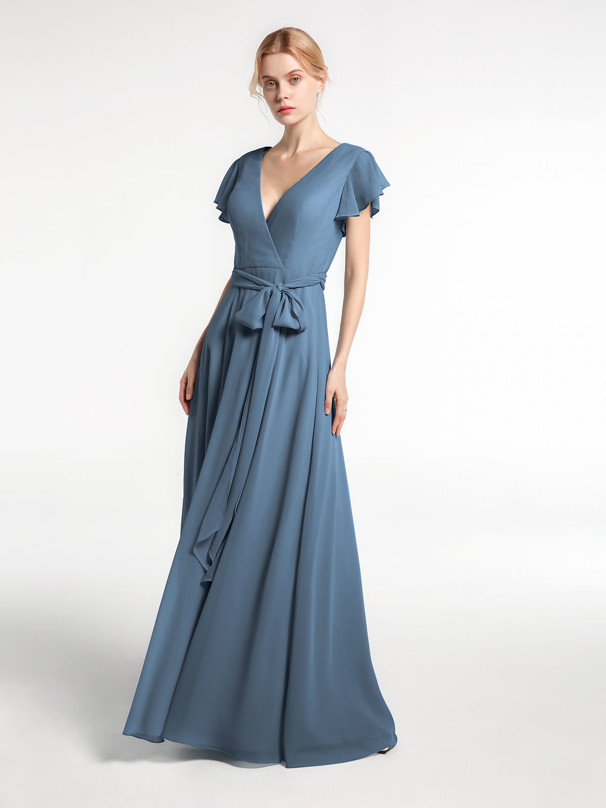 V-neck Half Sleeves T-Length Chiffon Dress Slate Blue