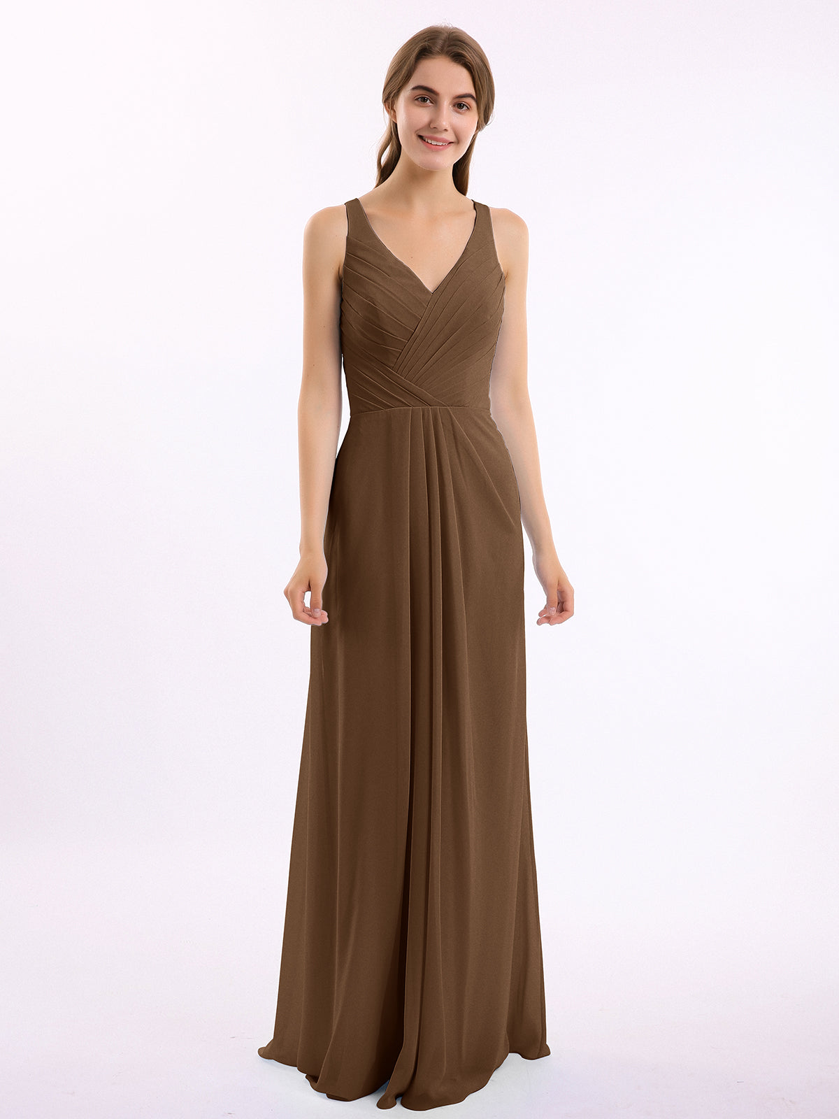Pleated V-neck 3/4 Sleeves Chiffon Long Dress Brown main image 1