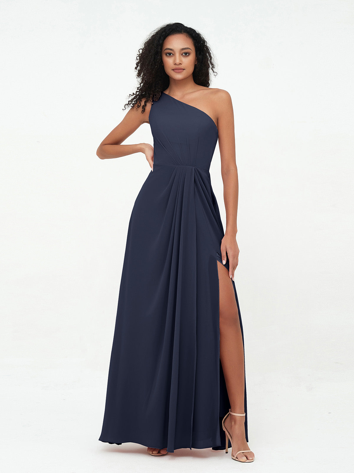 One Shoulder Long Chiffon Dresses with Slit Sage