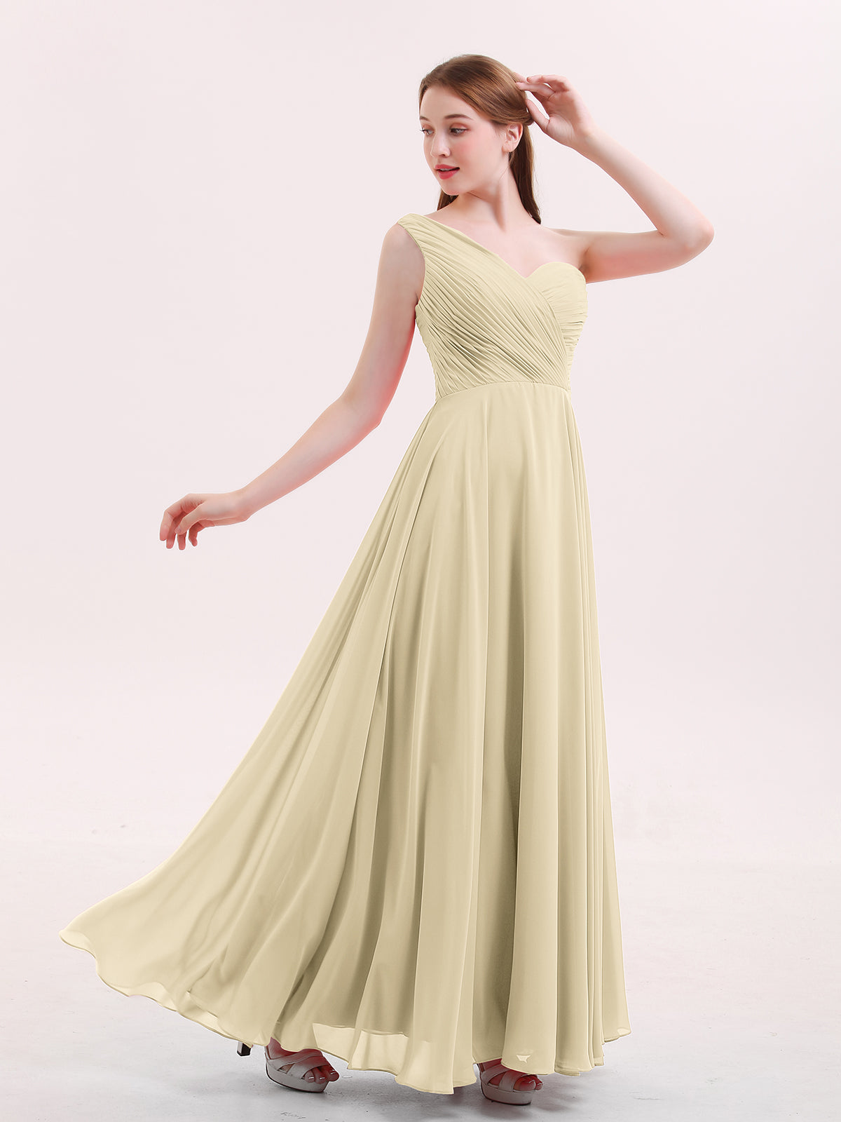 One Shoulder Chiffon Gown with Pleated Top Champagne Plus Size - Champagne  / UK24