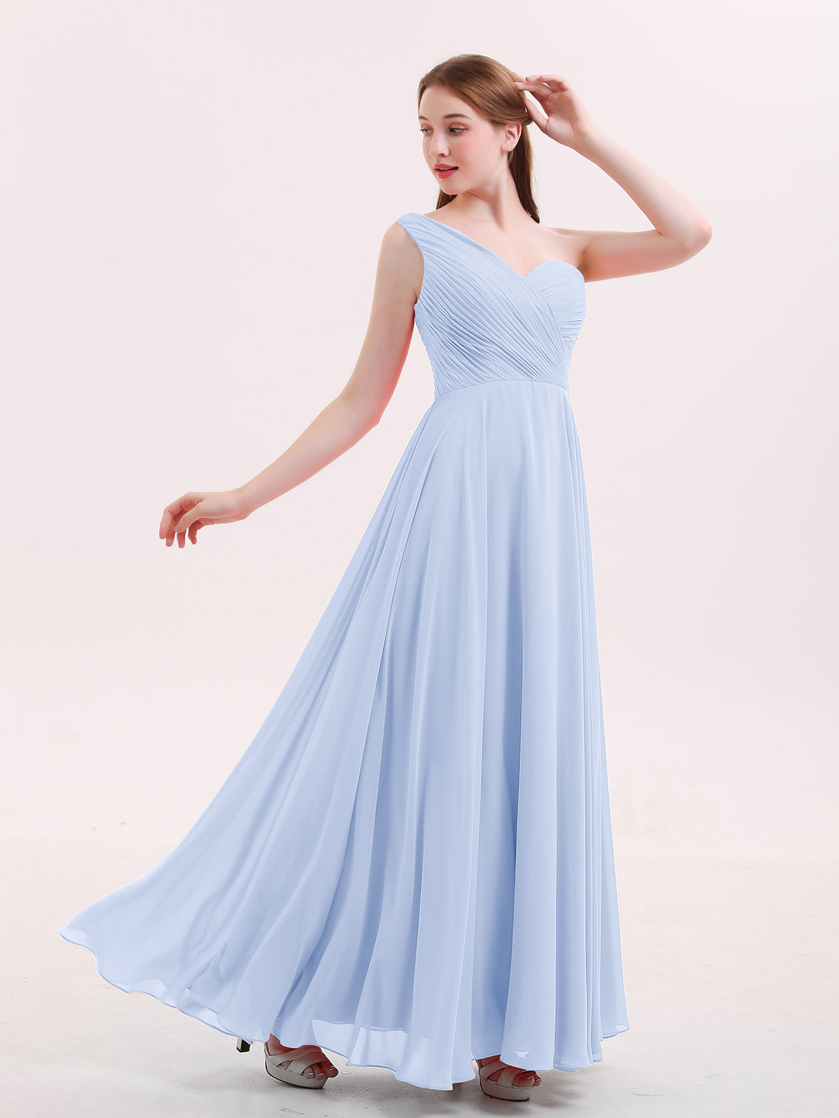 BABARONI Chiffon Sky Blue Bridesmaid Dresses A-line One Shoulder Sleeveless  Floor-length  BABARONI UK