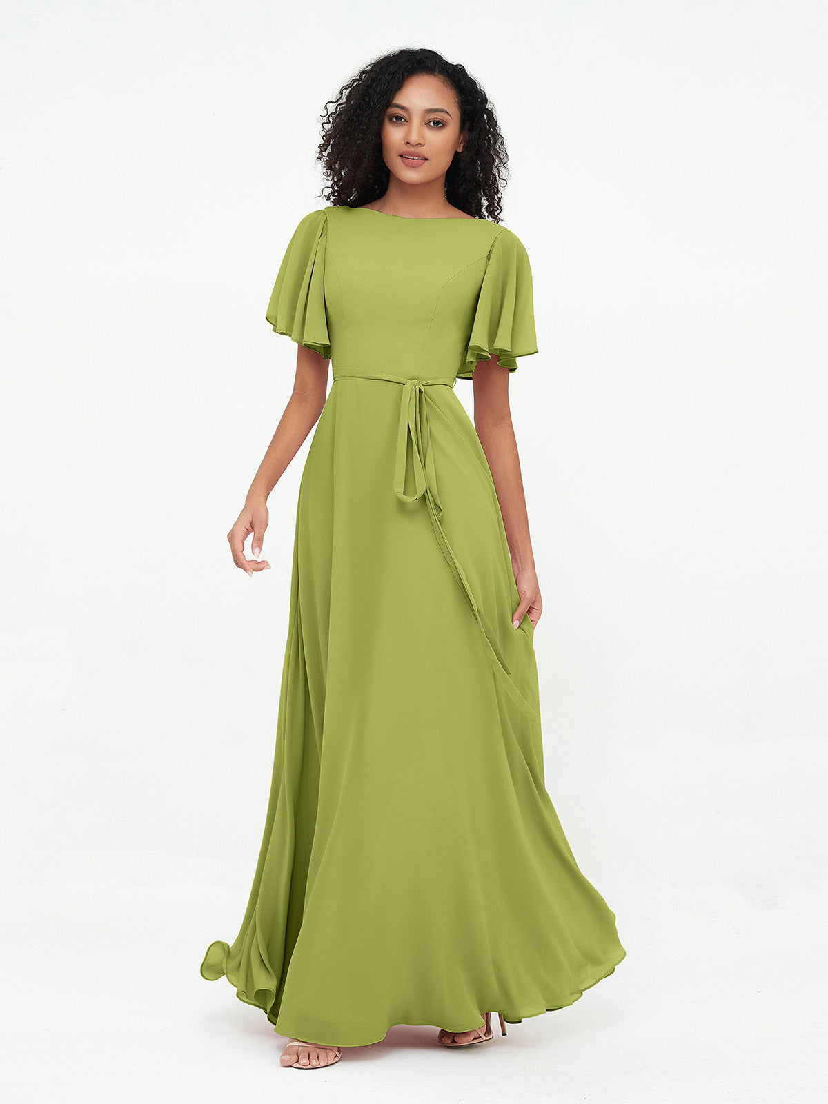 Flutter Sleeves Long Chiffon Dresses with Sash Bow Turquoise