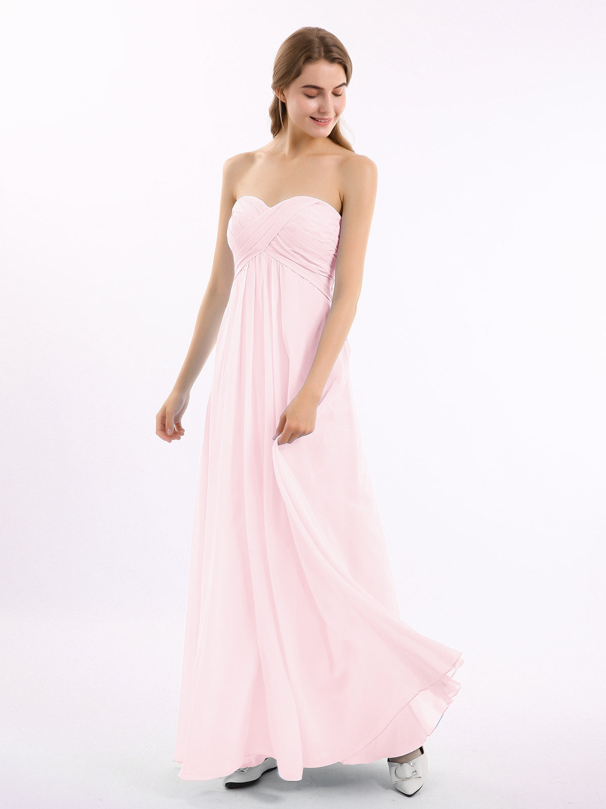 A-Line Pleated Chiffon Dress with V-Neck Blushing Pink Plus Size