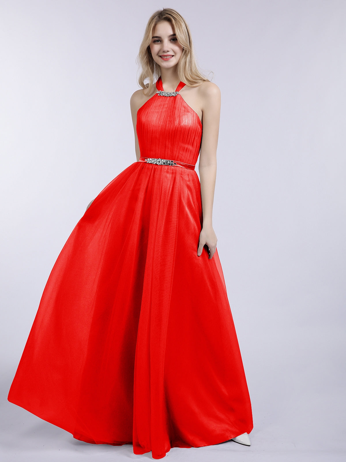 BABARONI Tulle Red Bridesmaid Dresses A-line Halter Sleeveless Floor-length  – BABARONI UK