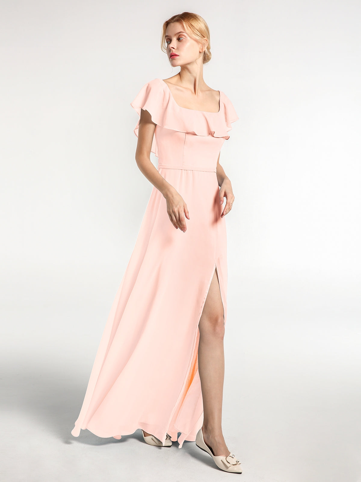 BABARONI Chiffon Pearl Pink Bridesmaid Dresses A-line Square Cap Sleeve  Floor-length – BABARONI UK