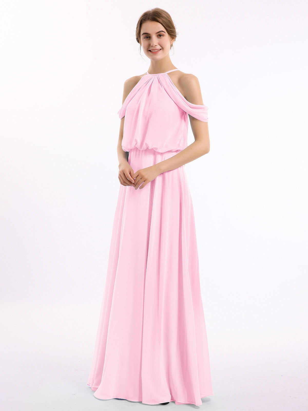 Off-Shoulder Halter Chiffon Dress with Blouson Bodice Peach