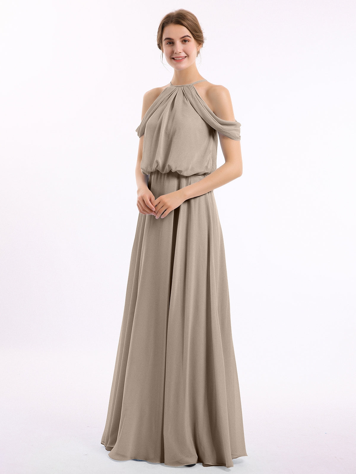 Halter Neck A-Line Chiffon Sleeveless Bow Dresses Taupe main image 1