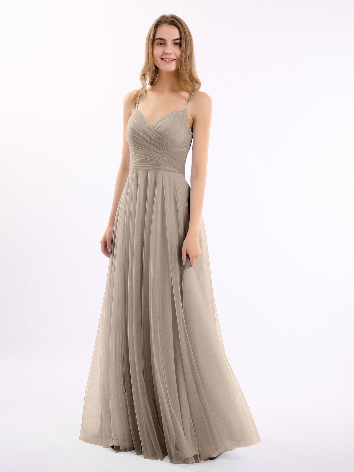 Spaghetti Strap Scoop Neck Ruffle Bodice Dress Taupe