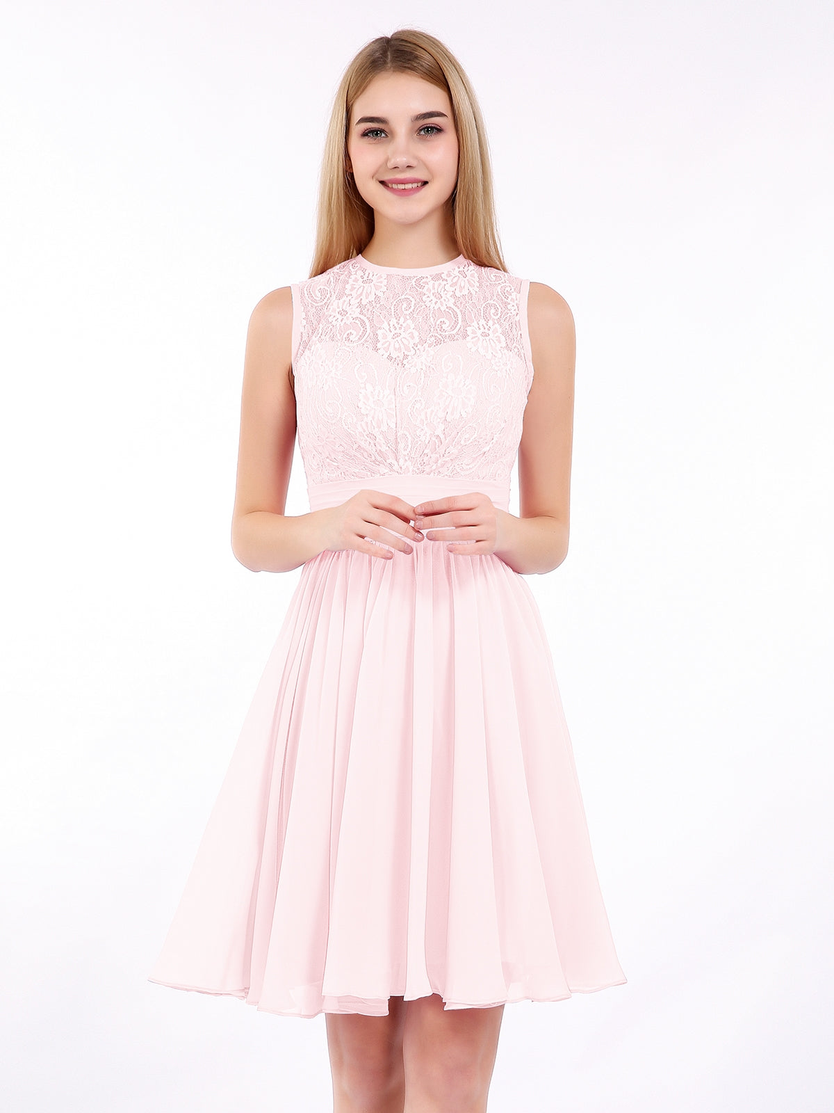 Illusion Neck Chiffon and Lace Short Dress Blushing Pink Plus Size BABARONI BABARONI UK