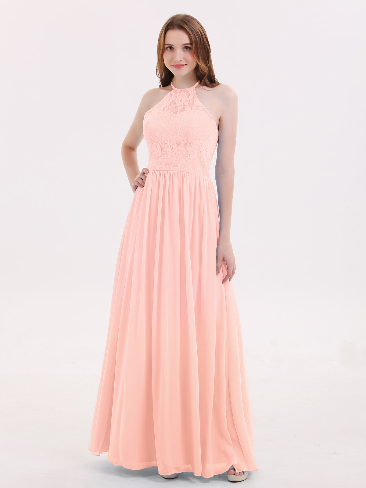 BABARONI Chiffon Lace Coral Bridesmaid Dresses A-line Halter Sleeveless  Floor-length – BABARONI UK