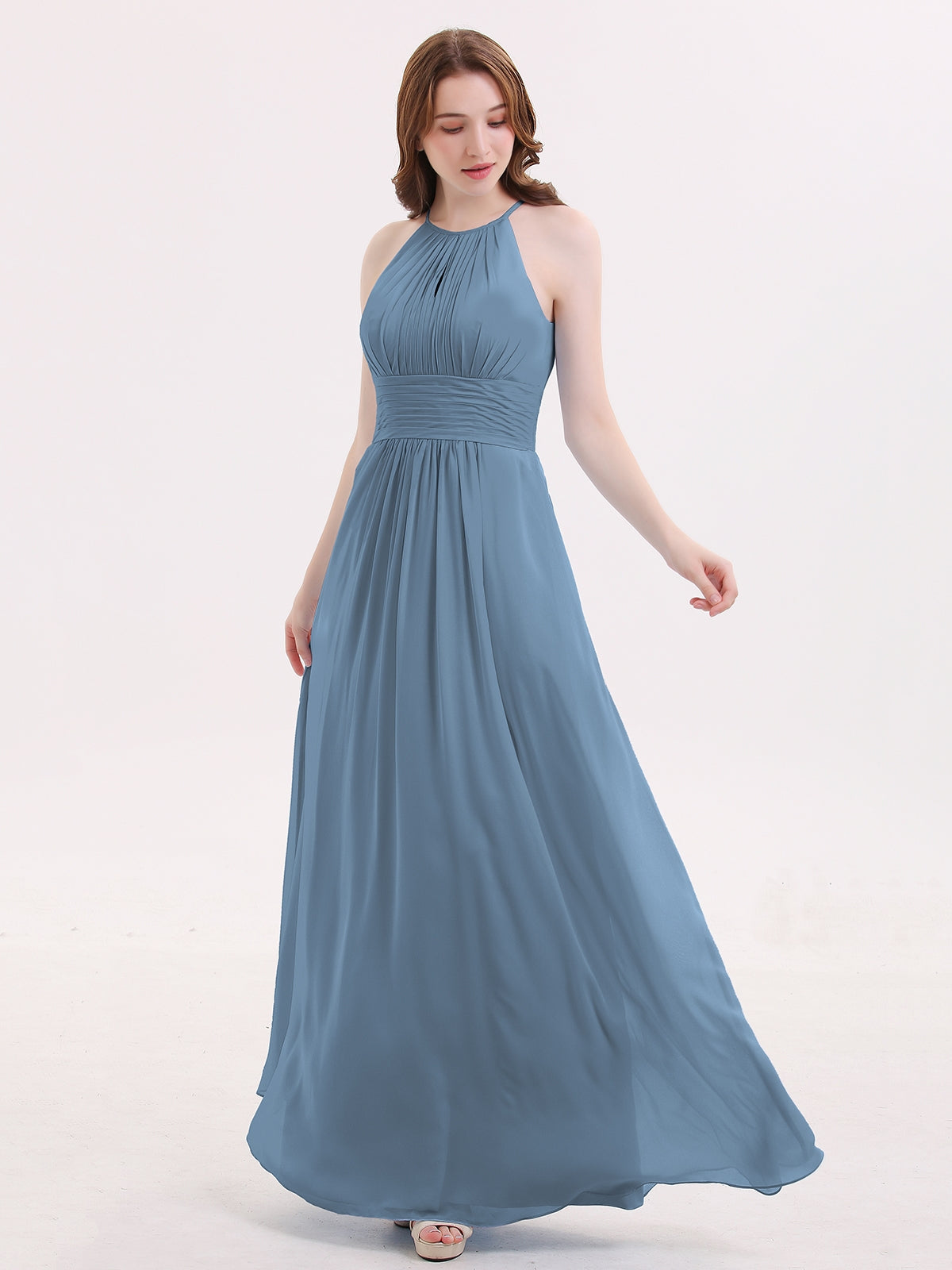 Full Length Chiffon Halter Dresses Slate Blue