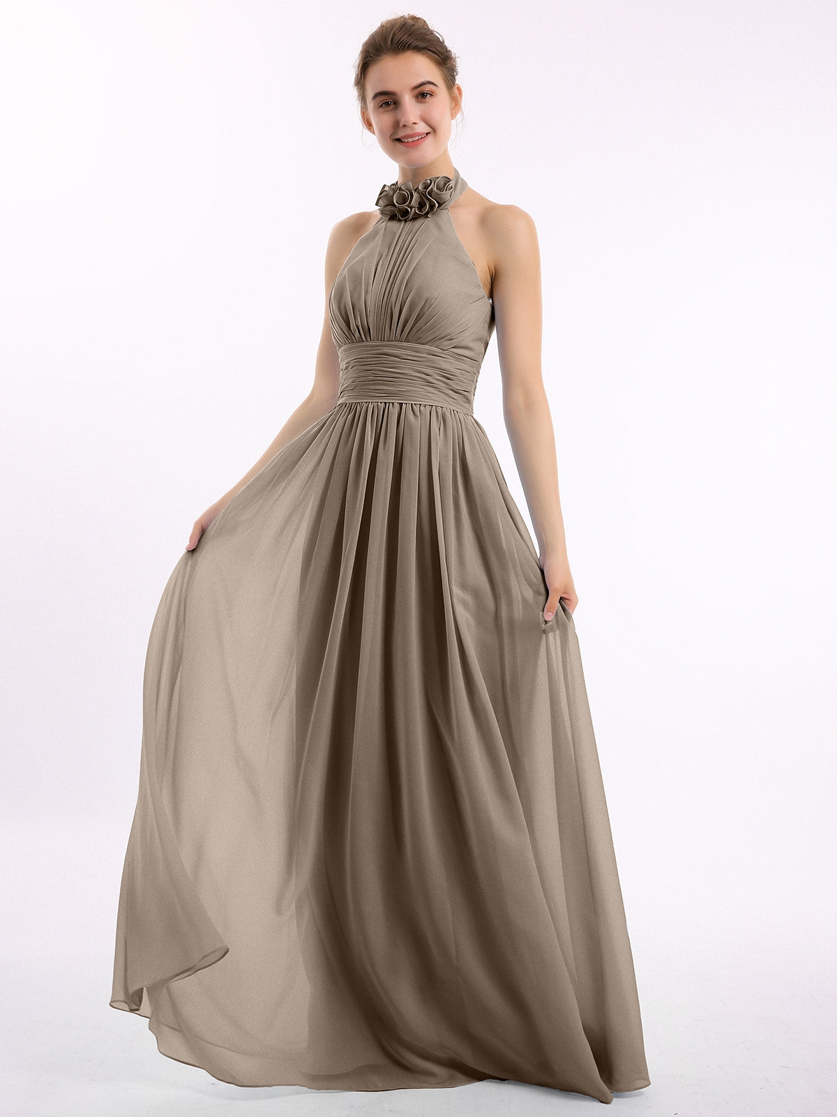 Long Halter Chiffon Gown with 3D Floral Neck Taupe