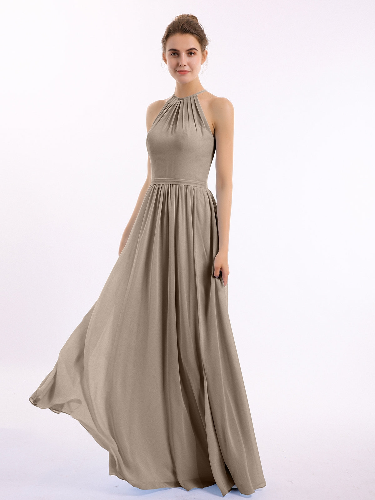 BABARONI Chiffon Taupe Bridesmaid Dresses A-line Halter Sleeveless