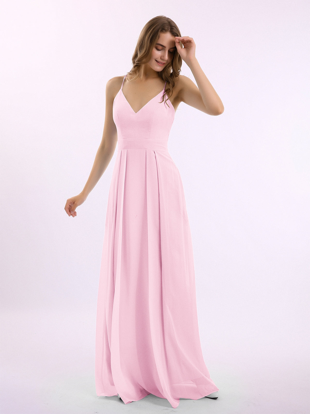 BABARONI Chiffon Candy Pink Bridesmaid Dresses A-line V-neck Spaghetti  Straps Floor-length – BABARONI UK