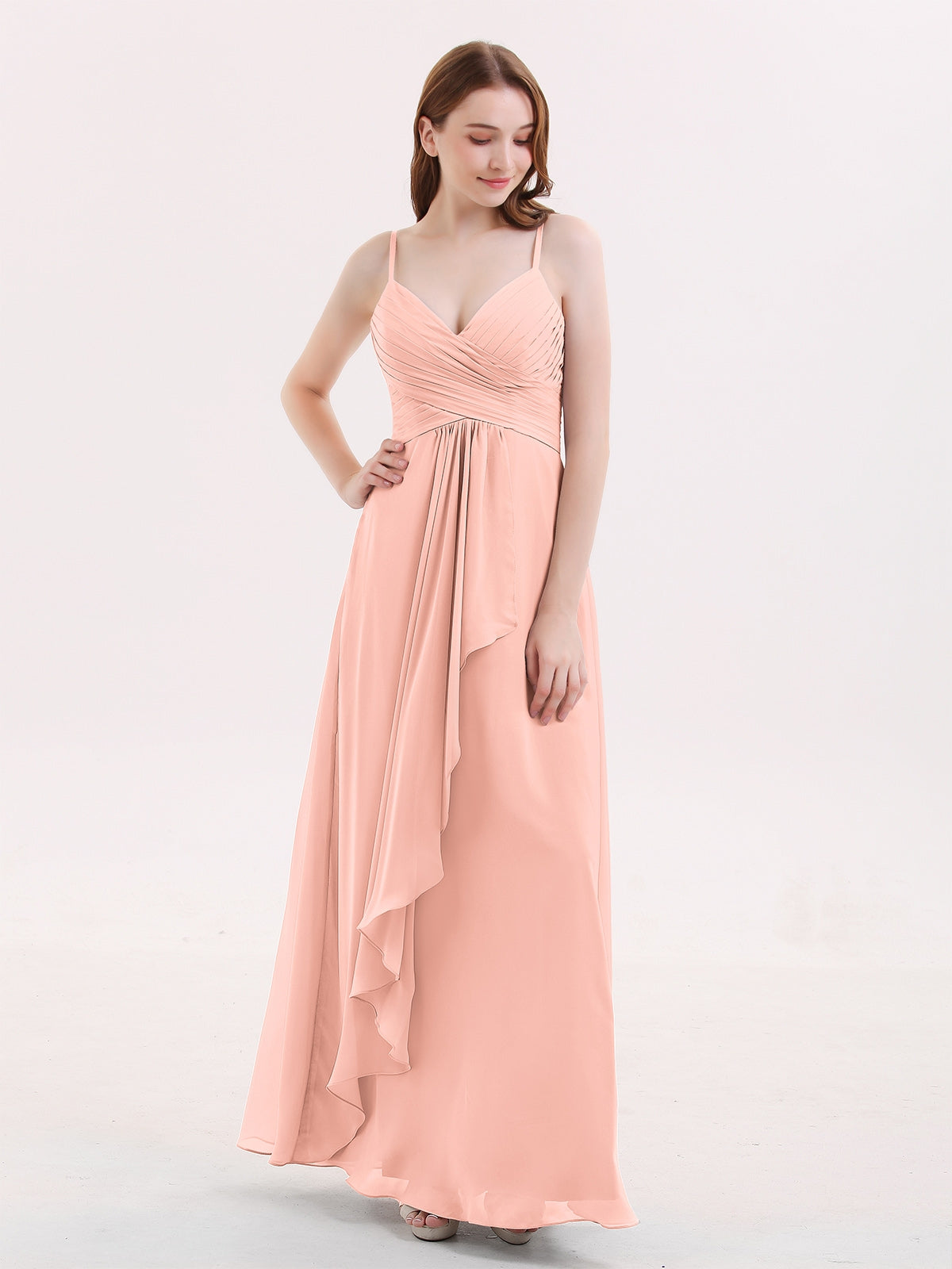 BABARONI Chiffon Coral Bridesmaid Dresses Empire V-neck Spaghetti Straps  Floor-length – BABARONI UK