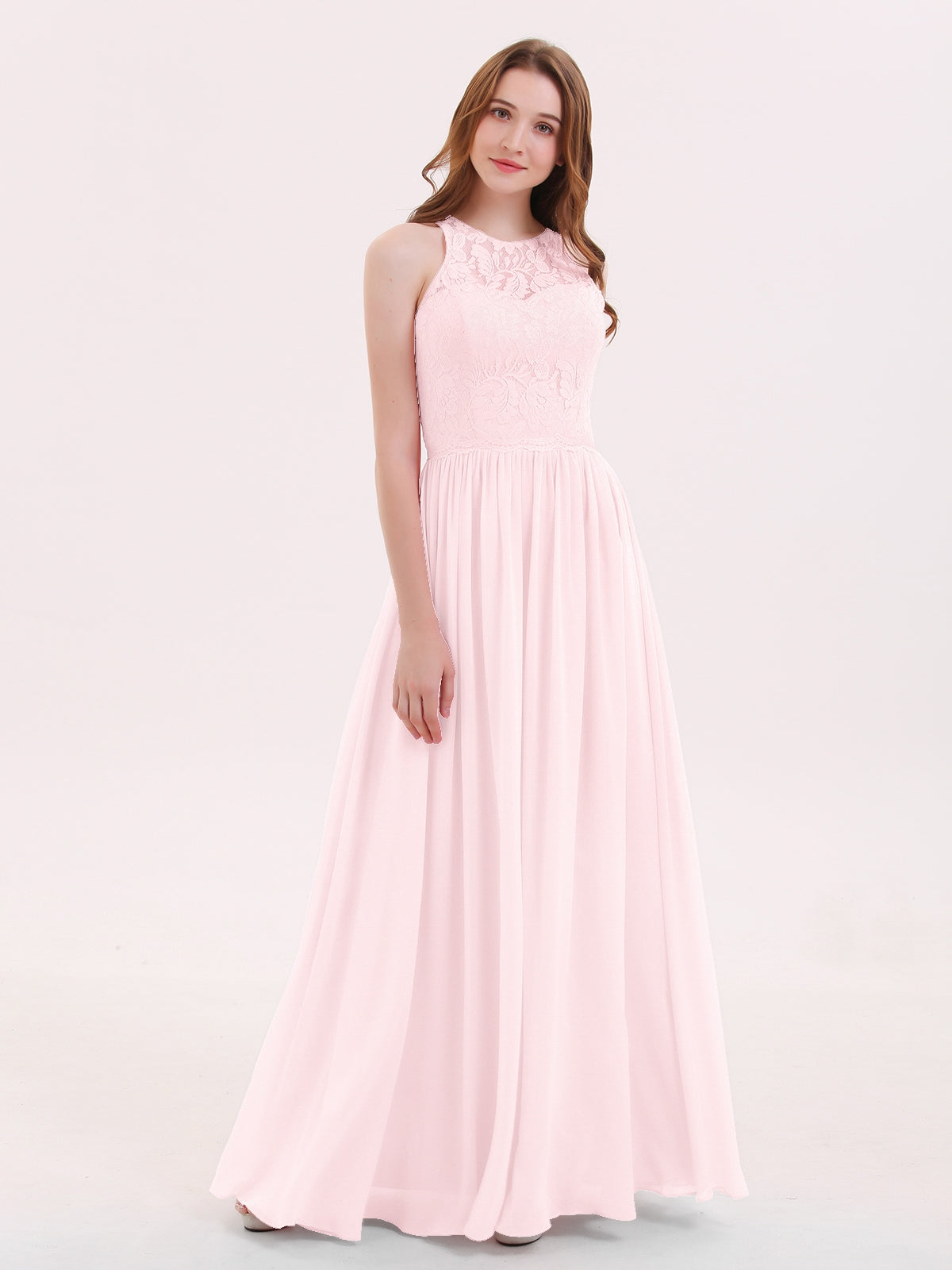 BABARONI Chiffon Lace Blushing Pink Bridesmaid Dresses A-line Scoop Sleeveless Floor-length BABARONI UK BABARONI Chiffon Lace Blushing Pink Bridesmaid Dresses A-line Scoop Sleeveless Floor-length BABARONI UK