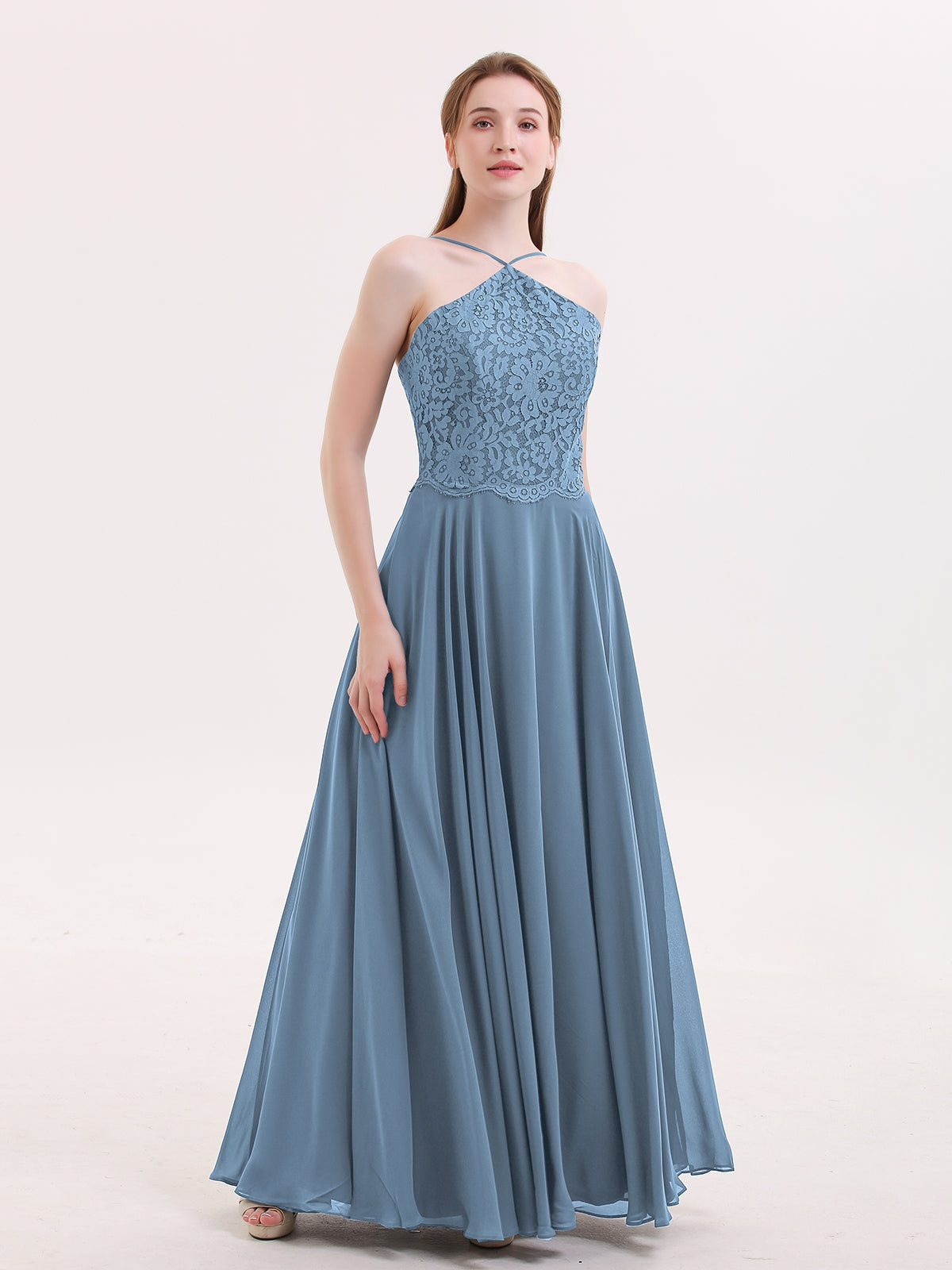 Lace Top Chiffon Skirt Dresses with Slit Slate Blue