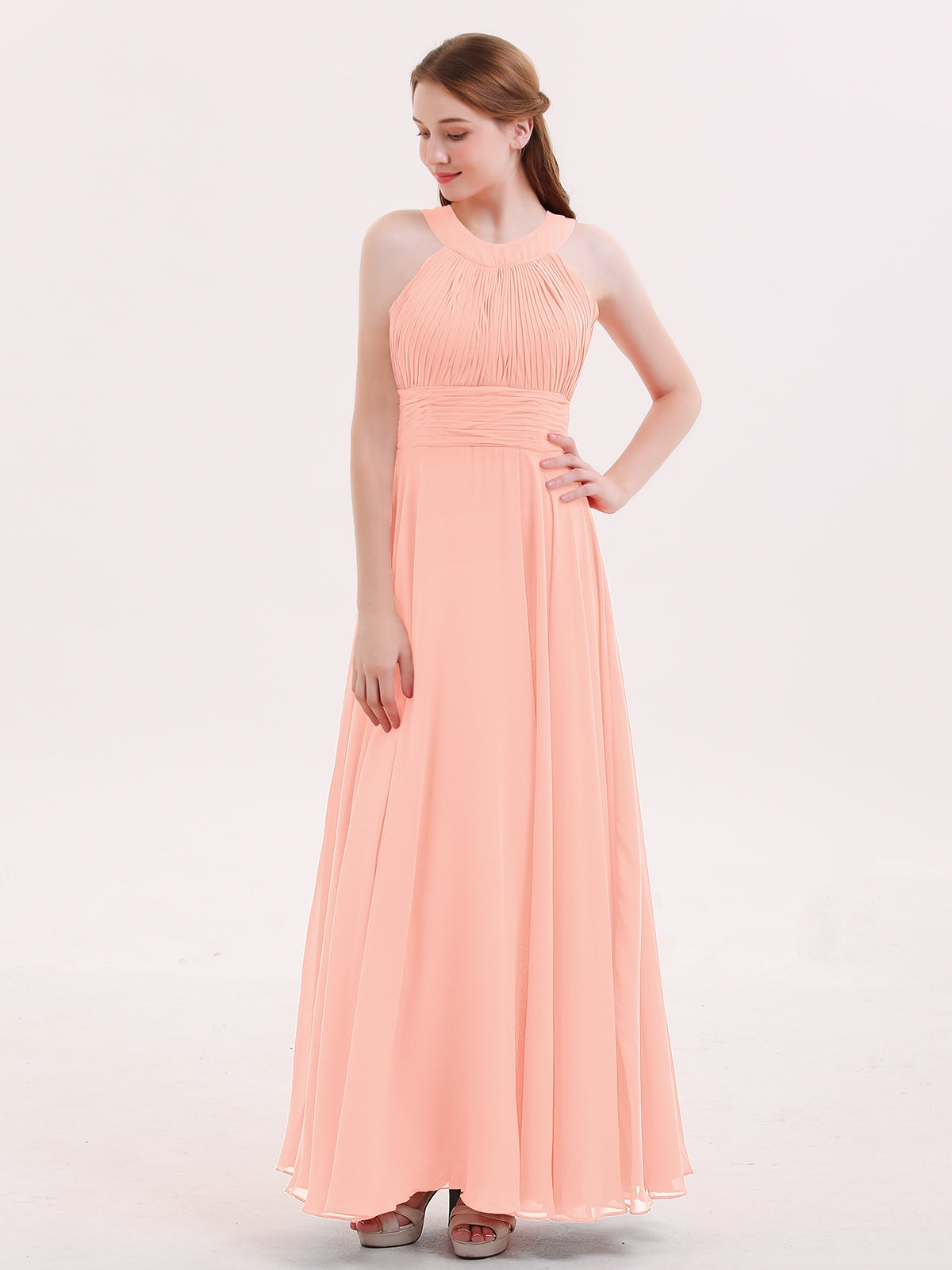 BABARONI Chiffon Coral Bridesmaid Dresses A-line Halter Sleeveless  Floor-length – BABARONI UK
