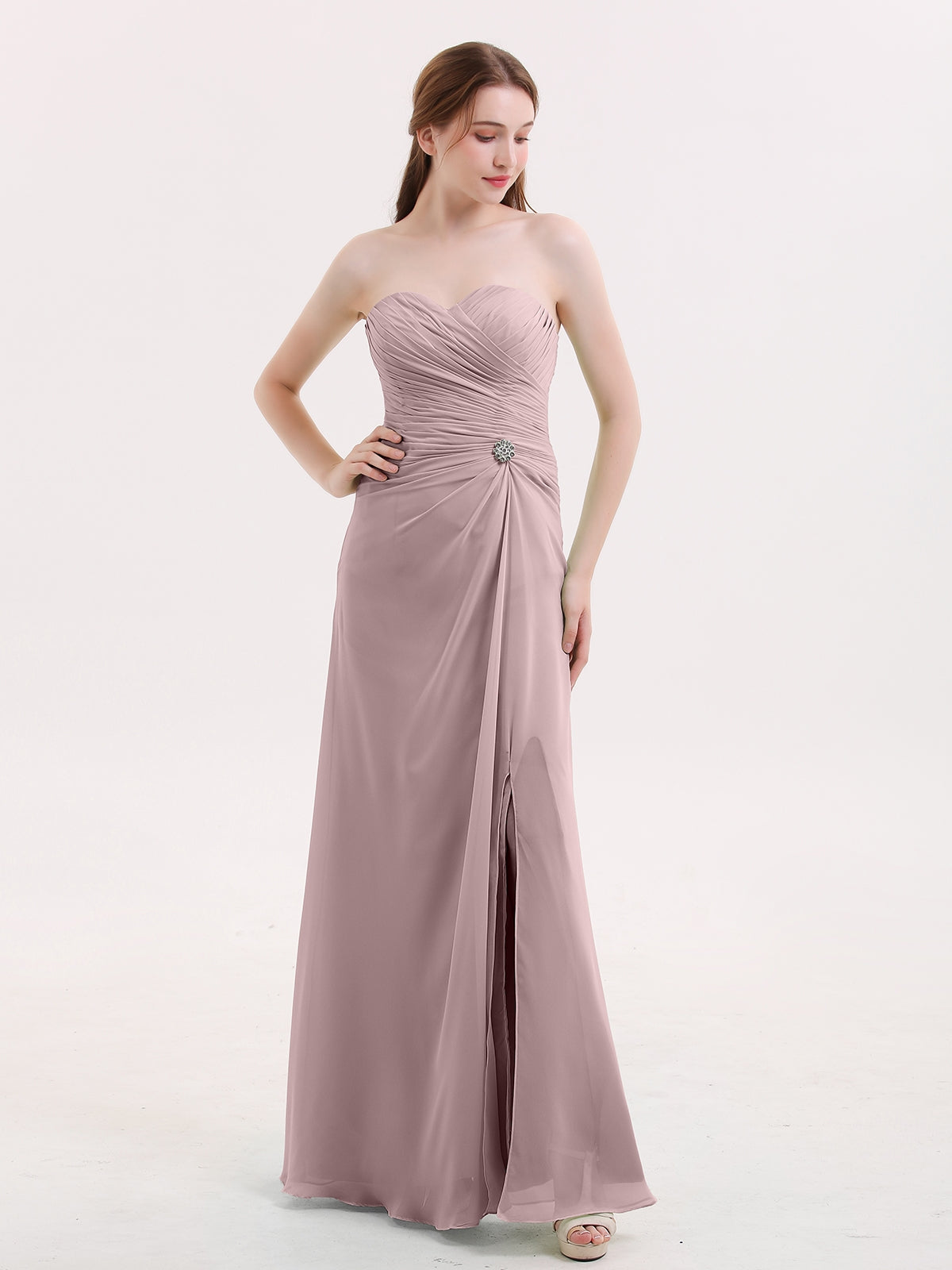 Chiffon A-Line Criss-Cross Straps V-Neck Dresses With Slit Vintage Mauve
