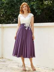 Cap Sleeves Chiffon Dresses with Ivory Bodice Grape