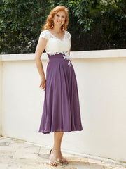 Cap Sleeves Chiffon Dresses with Ivory Bodice Grape