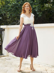 Cap Sleeves Chiffon Dresses with Ivory Bodice Grape