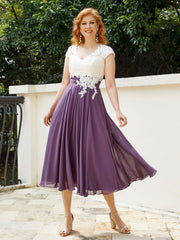 Cap Sleeves Chiffon Dresses with Ivory Bodice Grape