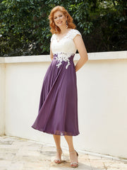Cap Sleeves Chiffon Dresses with Ivory Bodice Grape