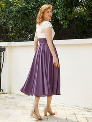 Cap Sleeves Chiffon Dresses with Ivory Bodice Grape