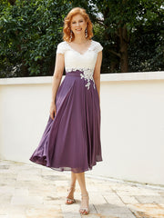 Cap Sleeves Chiffon Dresses with Ivory Bodice Grape