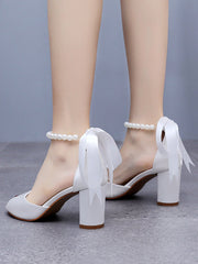 Simple Peep Toe Ribbons Chunky Heel Sandals