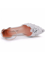 White Lace and Rhinestone Kitten Heels Wedding Shoes