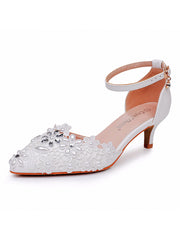 White Lace and Rhinestone Kitten Heels Wedding Shoes