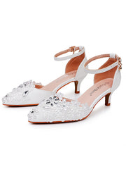 White Lace and Rhinestone Kitten Heels Wedding Shoes